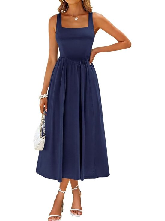 Dresses & Skirts - Spring Midi Dress for Women - Square Neck, Sleeveless, A-Line, Casual Sundress